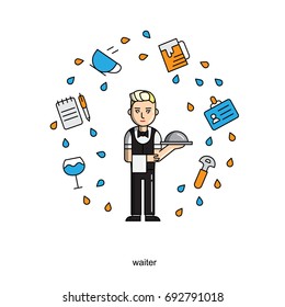Waiter. Set of vector isolated line filled icons. Pixel Perfect. For web design and presentations, site