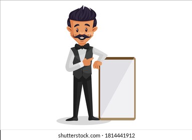 Waiter is showing blank board. Vector graphic illustration. Individually on white background.