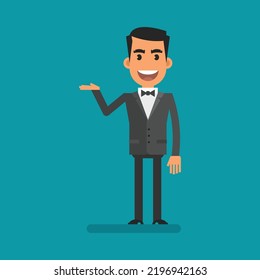 Waiter muestra mano y sonriendo. Gente plana. Ilustración vectorial