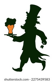 Waiter silhouette with Leprechaun costume -top hat, clover and beard- carrying a tray with a frothy pilsner beer glass.