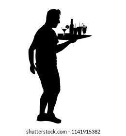Waiter silhouette with the tray on white background, vector illustration