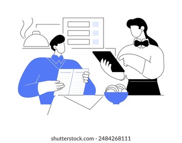 Waiter software abstract concept vector illustration. Smiling waiter accepts an order and uses POS application in restaurant, service sector, horeca business, modern technology abstract metaphor.