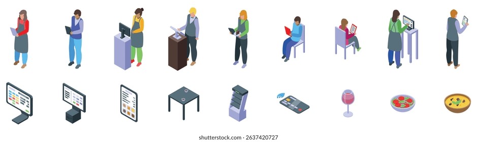 Waiter software icons set. Modern restaurant integrating digital ordering system, enhancing service speed and customer convenience