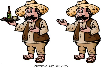 Waiter in sombrero serving up beer, salsa and chips, or showing/pointing to something.