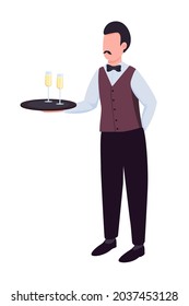 Mozo con vino espumoso en el carácter vector de color semisplano de la bandeja. Persona de cuerpo entero sobre blanco. Recepción de bodas aislada ilustración de estilo de dibujos animados modernos para diseño gráfico y animación