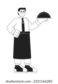 Waiter stand with tray monochromatic flat vector character. Editable outline full body male worker with fresh food on white. Cooking character Simple bw cartoon spot image for web graphic design