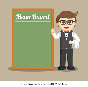 waiter standing beside big menu board