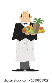 Waiter in suit with a tray of fruit. Vector cartoons