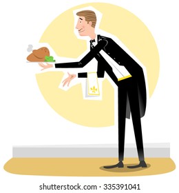 Waiter in tails offering turkey (vector illustration, Fifties style)