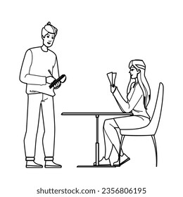 waiter take order vector. restaurant menu, service cafe, taking wine, customer serving, food writing waiter take order character. people black line illustration
