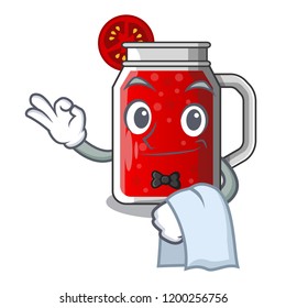 Waiter tasty tomato juice on cartoon table