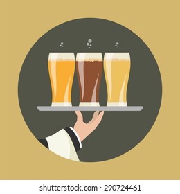 Waiter with three glasses of beer and tray on outstretched arm. Foods Service icon. Simple flat vector.