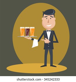 Waiter with three glasses of beer and tray on outstretched arm. Invitation to have a beer. Foods Service . Simple flat vector.EPS 10.