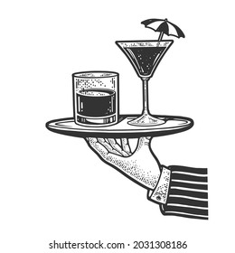 waiter with tray and alcohol drinks sketch engraving vector illustration. T-shirt apparel print design. Scratch board imitation. Black and white hand drawn image.