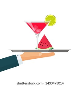 Waiter with tray, cocktail drink glass vector illustration with ice and watermelon slice isolated on white flat cartoon design, flat cartoon fruit red mixed beverage icon 