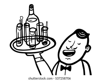 Waiter with a tray full of glasses and a bottle