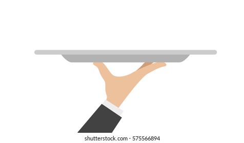 waiter tray with hand isolated on white background. Vector illustration