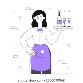 Waiter with tray line concept. Young girl with bottle of wine or champagne and glass. Woman in apron with alcoholic drinks, beverages. Cafe or restaurant staff. Linear flat vector illustration