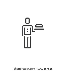Waiter with tray outline icon. linear style sign for mobile concept and web design. Hotel staff simple line vector icon. Symbol, logo illustration. Pixel perfect vector graphics