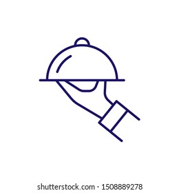 Waiter with tray outline vector icon. Hot meal thin line sign. Restaurant service symbol. 