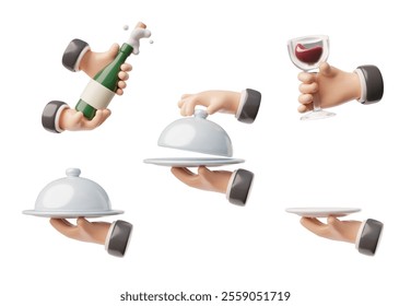 Waiter tray platter holding by hand. 3D cartoon plastic style icons set. Restaurant service. Hands open a bottle of champagne, hold a glass of red wine. Vector render illustration isolated