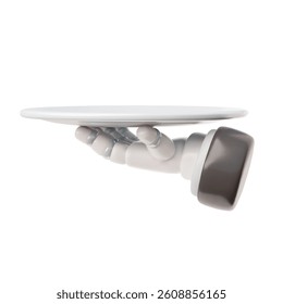 Waiter tray platter holding by robotic hand. 3D cartoon plastic style icon. Restaurant service, mechanical arm. Vector render illustration isolated. White tray, restaurant dish automated delivery