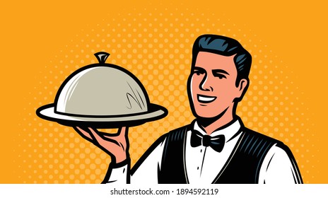 Waiter with tray in retro pop art style. Restaurant, food service concept