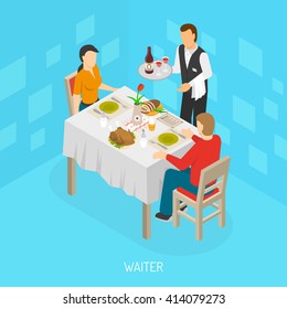 Waiter With Tray Serving Dining Customers Food And Wine Isometric Restaurant Cafe Scene Poster Abstract Vector Illustration 