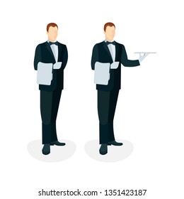 Waiter. Waiter with tray and towel. Set of waiter character design.  Part of set.