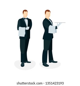 Waiter. Waiter with tray and towel. Set of waiter character design.  Part of set.