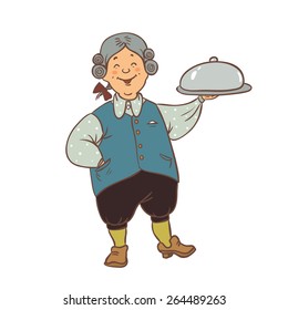 A waiter with a tray in a vintage suit