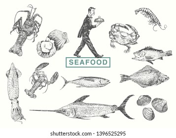 Waiter in tuxedo carrying a  metal tray with cloche. Hand drawn sketch set of seafood. Vector collection, retro engraving style