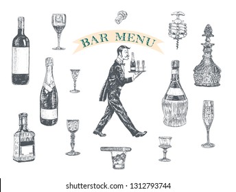 Waiter in tuxedo carrying a tray with champagne and glasses. Hand drawn Vintage vector illustration with wine bottle, champagne, tequila, decanter, glass of whisky and cigar, stopper, stopper, corkscr