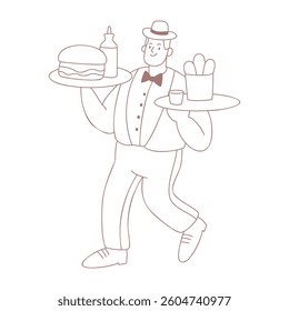 A waiter with two trays of food is in a hurry to serve the customers of a cafe. The waiter is wearing a hat and a bow tie. 