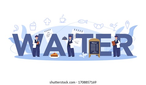 Waiter typographic header concept. Restaurant staff in the uniform, catering service. Table reservation and online order. Isolated vector illustration in cartoon style