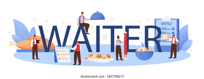Waiter typographic header. Restaurant staff in the uniform, catering service. Table setting and customer calculation, sharing tips. Isolated vector illustration in cartoon style