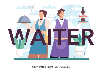 Cabecera tipográfica de camarero. El personal del restaurante, de uniforme, ofrece un servicio de restauración. Aceptación de pedidos y servicio al cliente. Ilustración vectorial aislada en estilo de dibujos animados