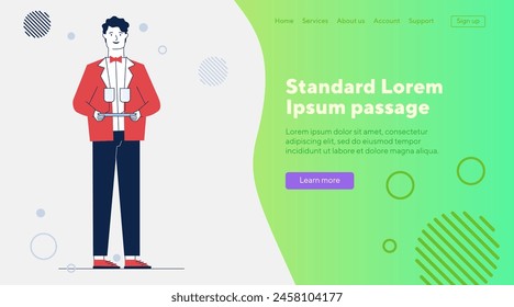 Waiter in uniform carrying wine glasses. Man in bowtie and red jacket flat vector illustration. Restaurant business, service, occupation concept for banner, website design or landing web page