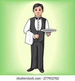 Waiter in uniform holding a tray. Editable vector illustration.