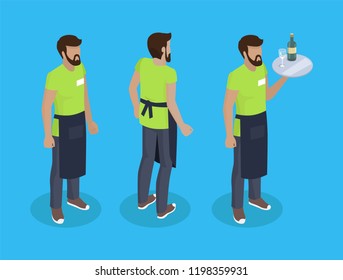 Waiter in uniform, working concept vector icons. Bearded man in black apron with tray full of food in hand, different angles, steward cartoon badges