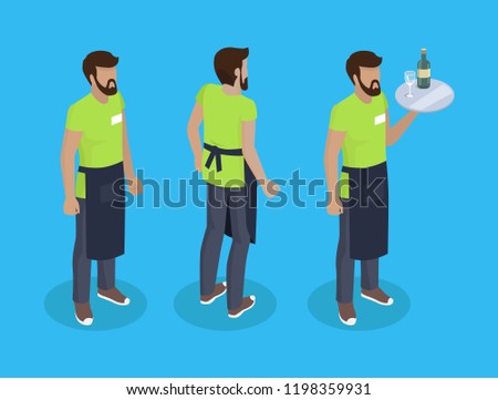 Waiter in uniform, working concept vector icons. Bearded man in black apron with tray full of food in hand, different angles, steward cartoon badges