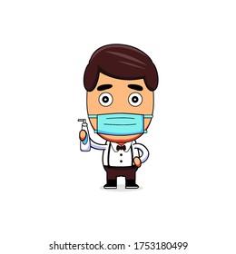 waiter uses a mask and brings a sanitizer Isolated with white background Vector Illustration