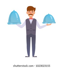 Waiter. Vector. Cartoon. Isolated art on white background. Flat