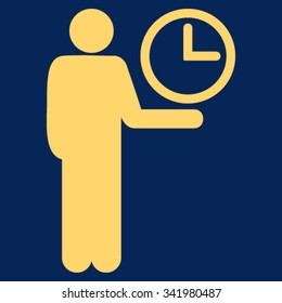 Waiter vector icon. Style is flat symbol, yellow color, rounded angles, blue background.