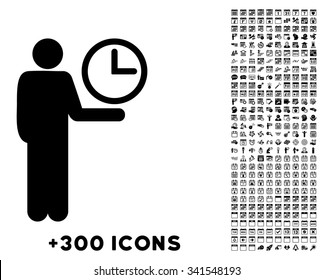 Waiter vector pictogram with additional 300 date and time management icons. Style is flat symbols, black color, rounded angles, white background.