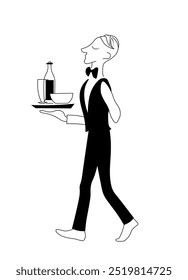 Waiter in vest and bow tie carries tray with food and drinks. Black and white outline vector illustration