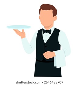 Waiter in vest and bow tie holding plate and napkin. Flat vector illustration isolated on white background.