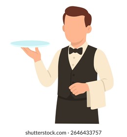 Waiter in vest and bow tie holding plate and napkin. Flat vector illustration isolated on white background.