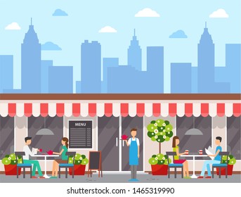 Waiter and visitors outdoors, city cafe exterior or facade vector. Wall menu and tables, couples drinking tea and coffee, skyscrapers silhouettes, downtown. Flat cartoon