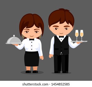 Waiter and waitress. Girl and boy in uniform holding a tray. Kawaii cartoon characters. Vector flat illustration.
